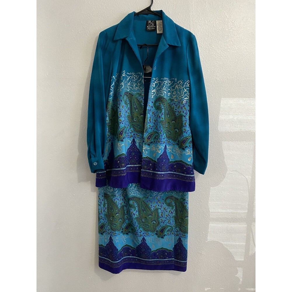 RS Women's Sz 6 (2 Pc) Coord Blue Maxi Skirt, Matching Button Up Shirt Set H10